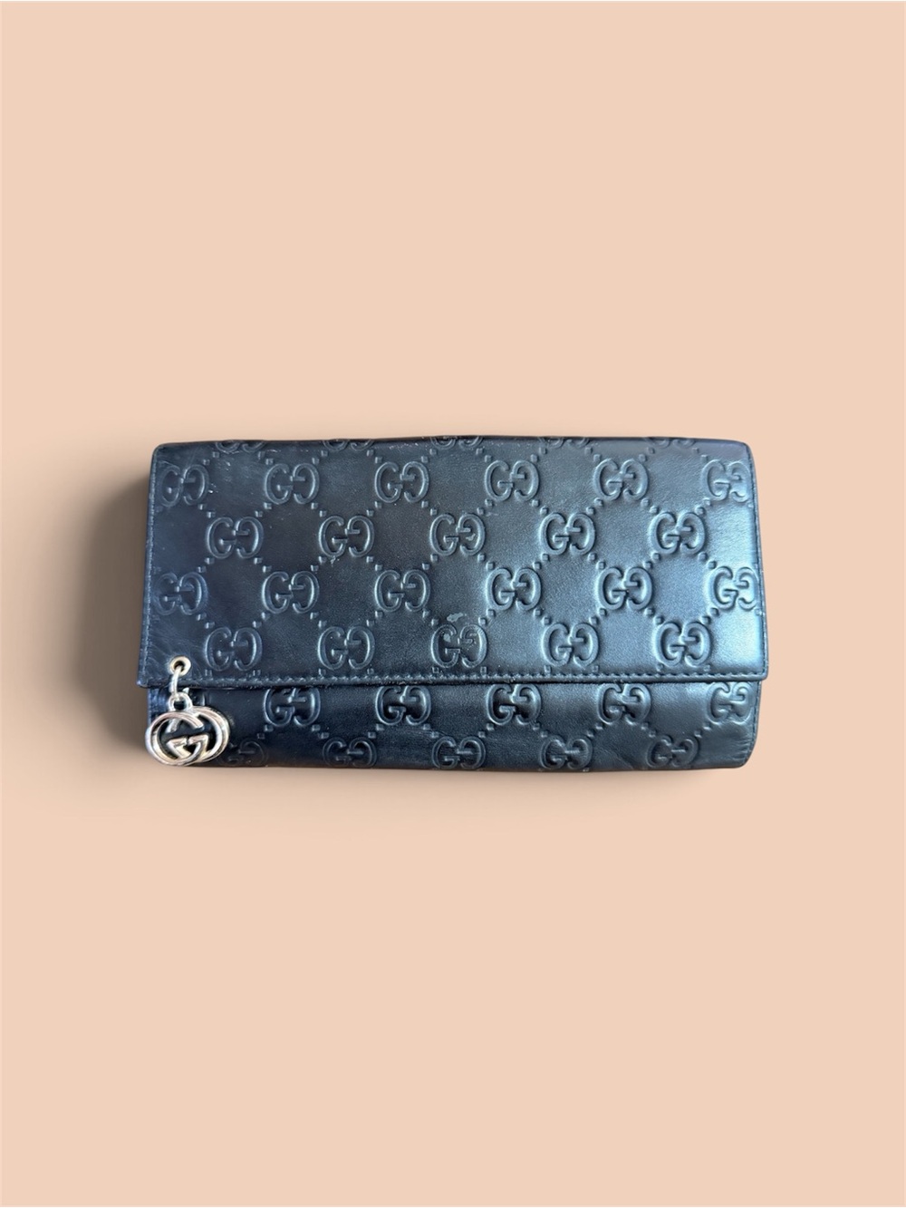 Gucci Navy Embossed GG Continental Wallet with Silver Charm